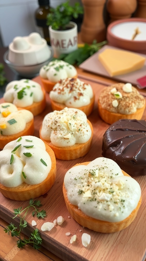 Flavored Cloud Bread Variations An assortment of flavored cloud bread pieces on a cutting board, highlighting different ingredients and flavors.